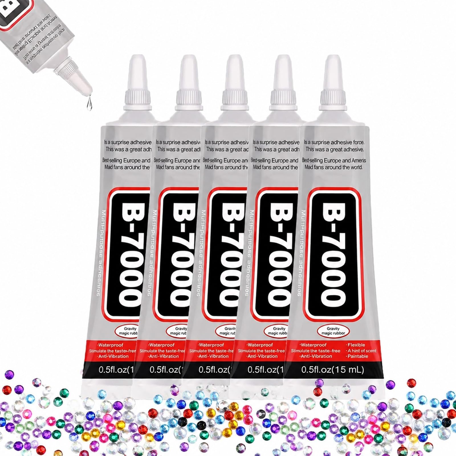 5 PCS B7000 Glue, 15ml/0.5oz,Clear Waterproof & Elastic Adhesive for Rhinestone Crafts, Fabric, Leather, Wood, Glass, DIY Projects & Repairs, 24-Hour Cure, Easy to Use