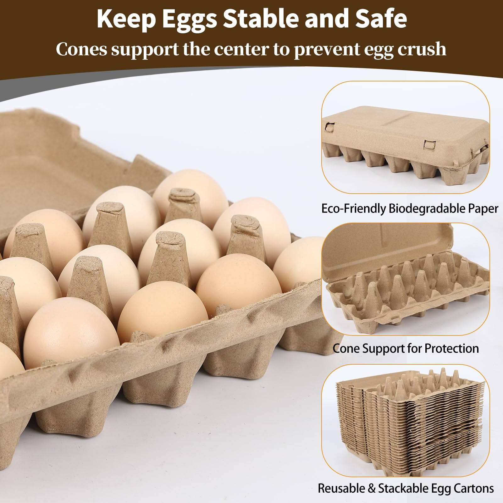Cajas de huevos de 18 unidades, paquete de 10 cajas de huevos de 3 x 6 pulgadas para huevos frescos, recipientes de cartón resistentes para almacenamiento de huevos para el hogar, cocina, granja