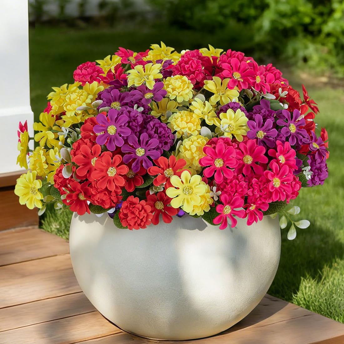 BLOSMON Faux Flowers for Outdoor Planters: 12 Pcs Fake Flower for Front Porch Urns Decoration - UV Resistant UV Resistant Artificial Outside Flowers for Garden Window Yard (Pink Purple Yellow Red)