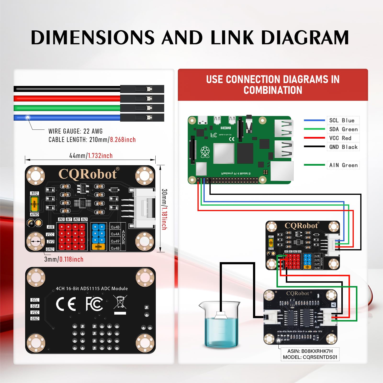 CQRobot ADS1115 16-bitowy, 4-kanałowy moduł konwertera ADS1115, z programowalnym wzmocnieniem, adresem I2C i pomiarem temperatury, kompatybilny z Arduino i Raspberry Pi, podwójnym napięciem 3,3 V/5 V.