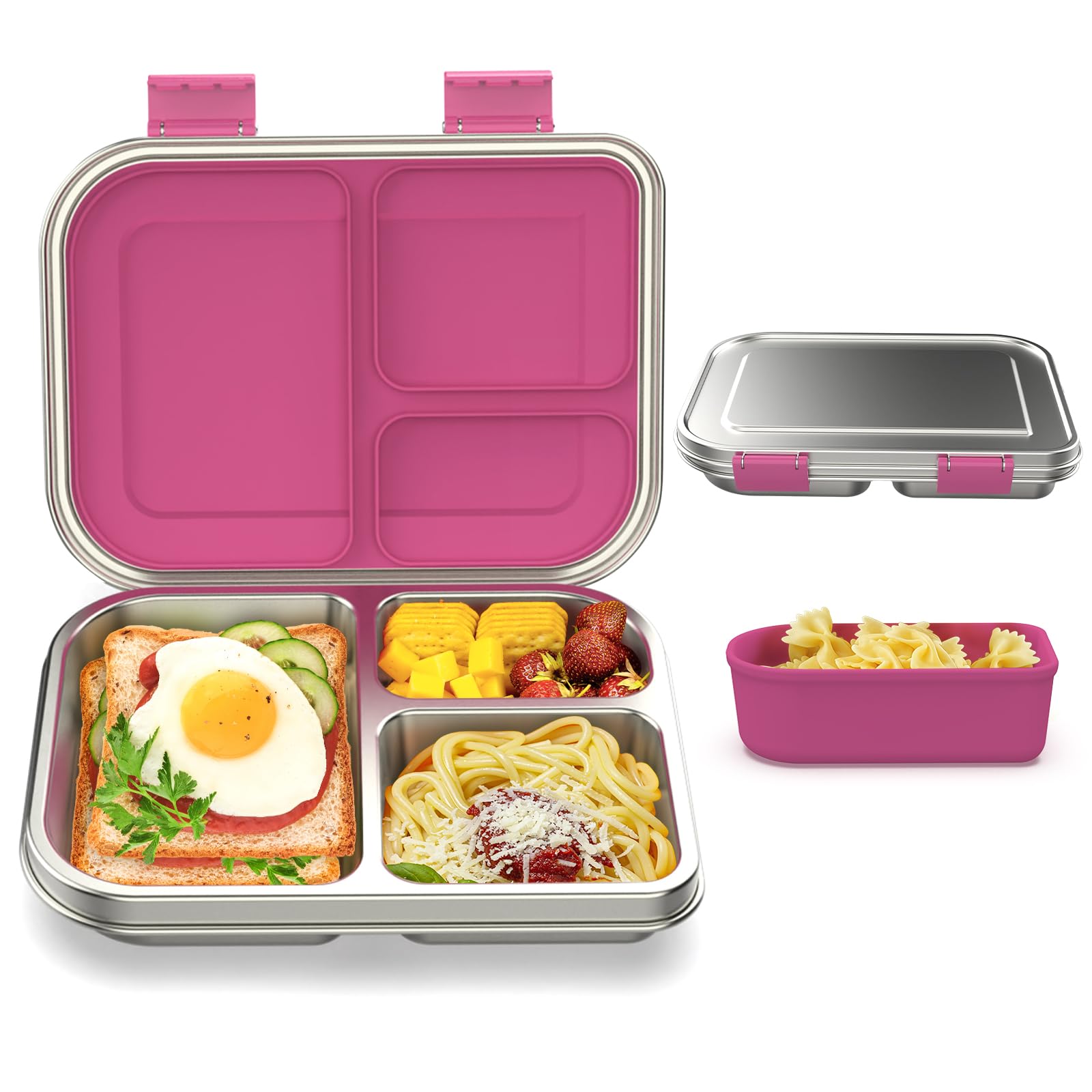 BABHAMNESS Stainless Steel Bento Box Kids, 3 Compartments Leak Proof Metal Bento Lunch Box, 304 Stainless Steel Bento Lunch Containers for School and