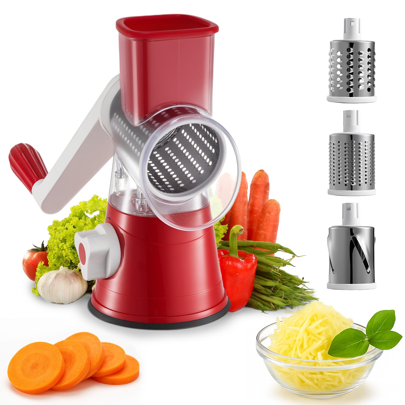 GREENSAPPIRE 4-in-1 Rotary Cheese Grater Mandoline Slicer with Container Handheld Vegetable Shredder for Hard Cheese, Nuts, Fruits & Carrots (Red)