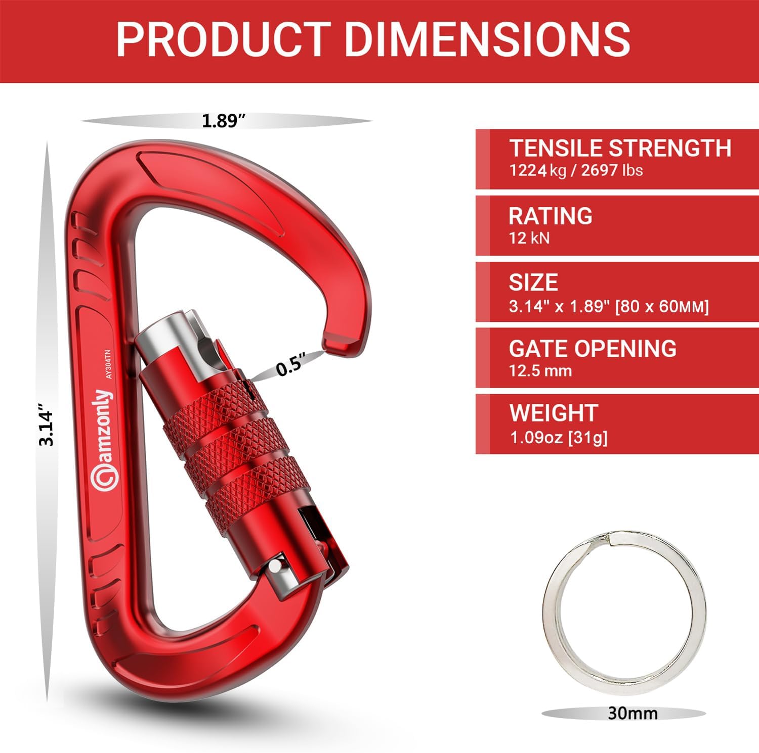 Amzonly 3inch Auto Locking Carabiner Clips Heavy Duty, 12KN /2697lbs Lightweight keychain carabiners, Sturdy Twist Lock Caribeeners for Camping Hiking Hammock Swing Backpack, dog leash and Harness etc image 3