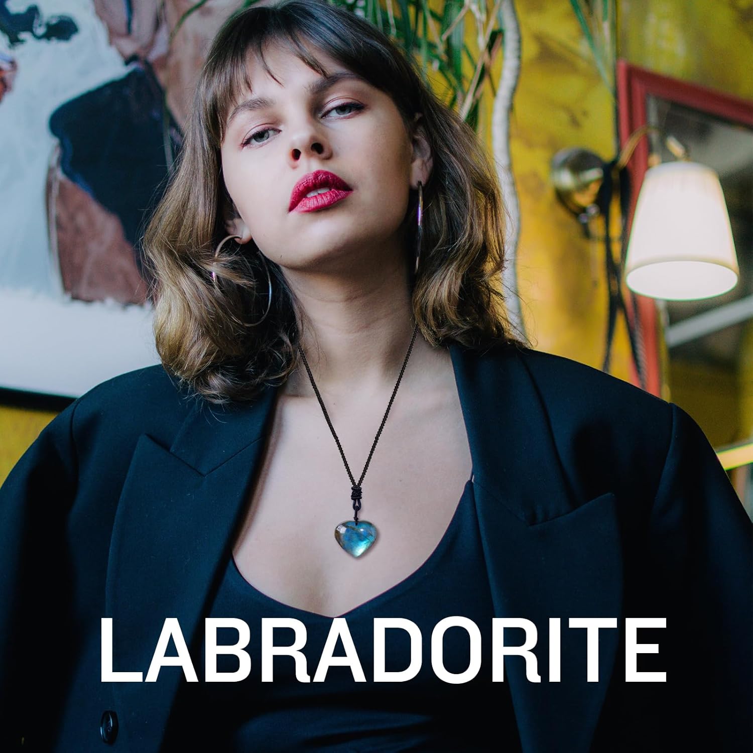 1PCS Natural Labradorite Crystal Heart Shape Pendant Necklace Healing Crystal Moonstone Polished Stone Pendant With Hand-Woven Rope For Unisex - Image 4