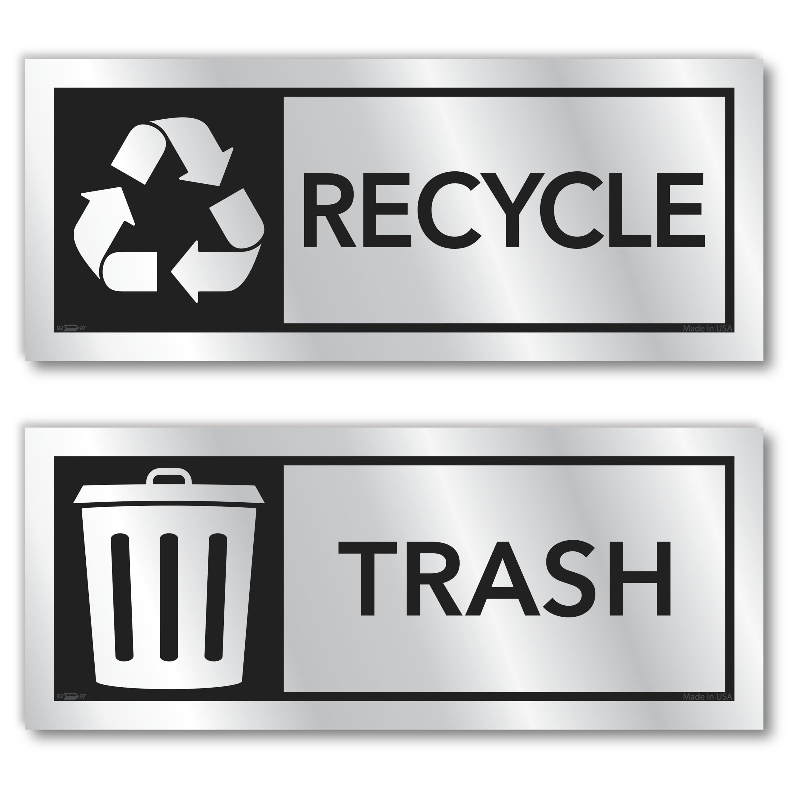 Premium Metallic Recycle Stickers for Trash Bins & Cans, 5.5x2.25 Recycling Stickers for Trash Can, Silver & Black Recycle Sticker Labels for Kitchen Garbage Can Recycling Bin Combo, Made in USA
