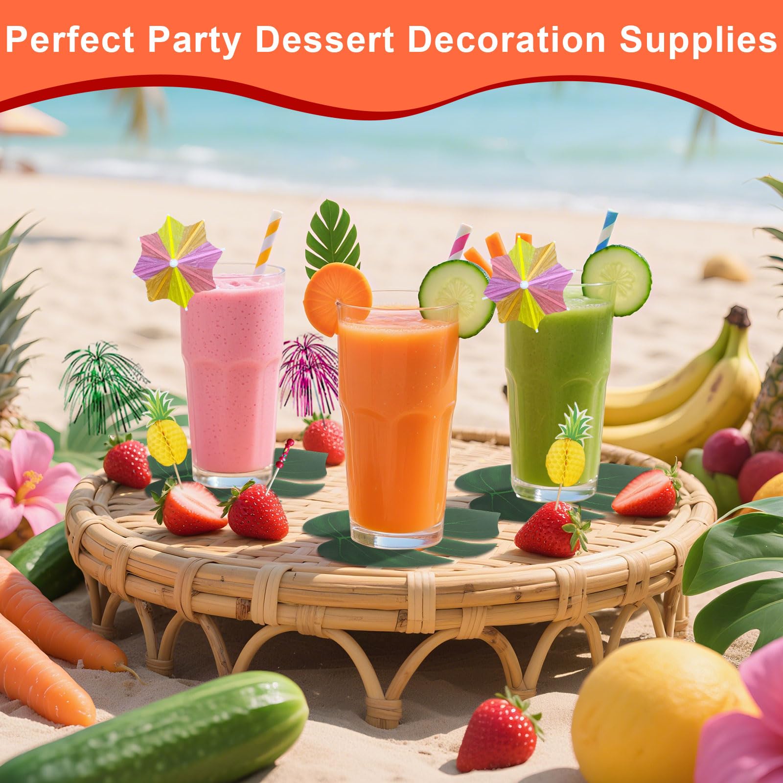 HavaCue 200 Pcs Hawaiian Party Decorations Set, Luau Grass Table Skirt, Fireworks Toothpicks, Paper Straws, Hawaiian Flowers - Image 2