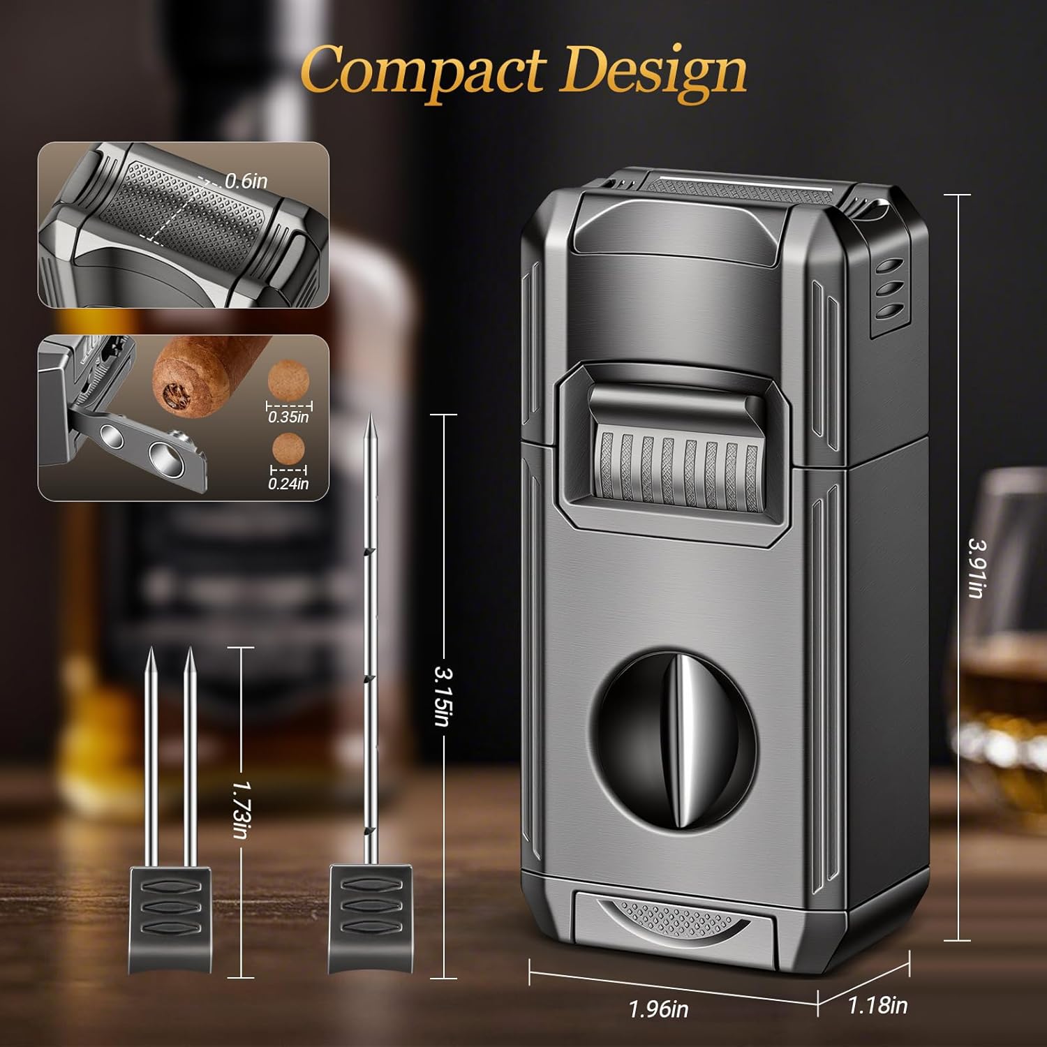 DXXILL Cigar Lighter, Multifunctional 7-in-1 Cigar Lighter, Cigar Accessory Set with Cigar Holder, Straight,V-Cutter, Punch, Ash Pick, Needle, Windproof Dual Flame, for Men (No Butane)