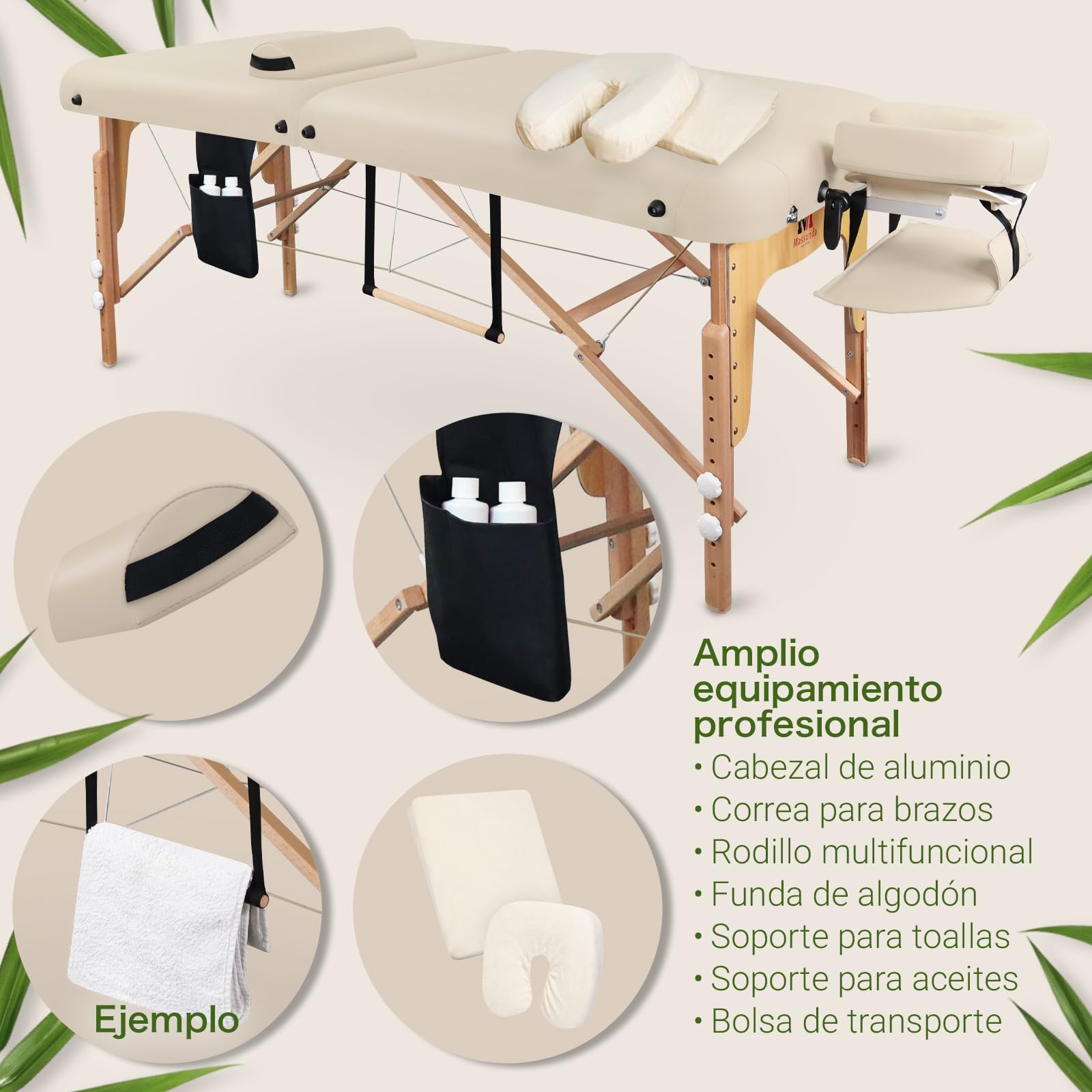 MASSUNDA - Camilla Masaje móvil Confort Deluxe Regulable en Altura - Camilla estetica Ancha de Madera Maciza - Camilla con reposacabezas ergonómico, Funda, reposabrazos, cojín (Negro) Crema