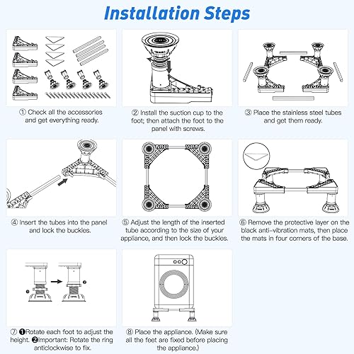Miniatura 6 de Mini soporte para nevera, altura de aumento de 0.58 a 0.71 pies, soporte ajustable para lavadora y secadora con 4 pies resistentes, soporte