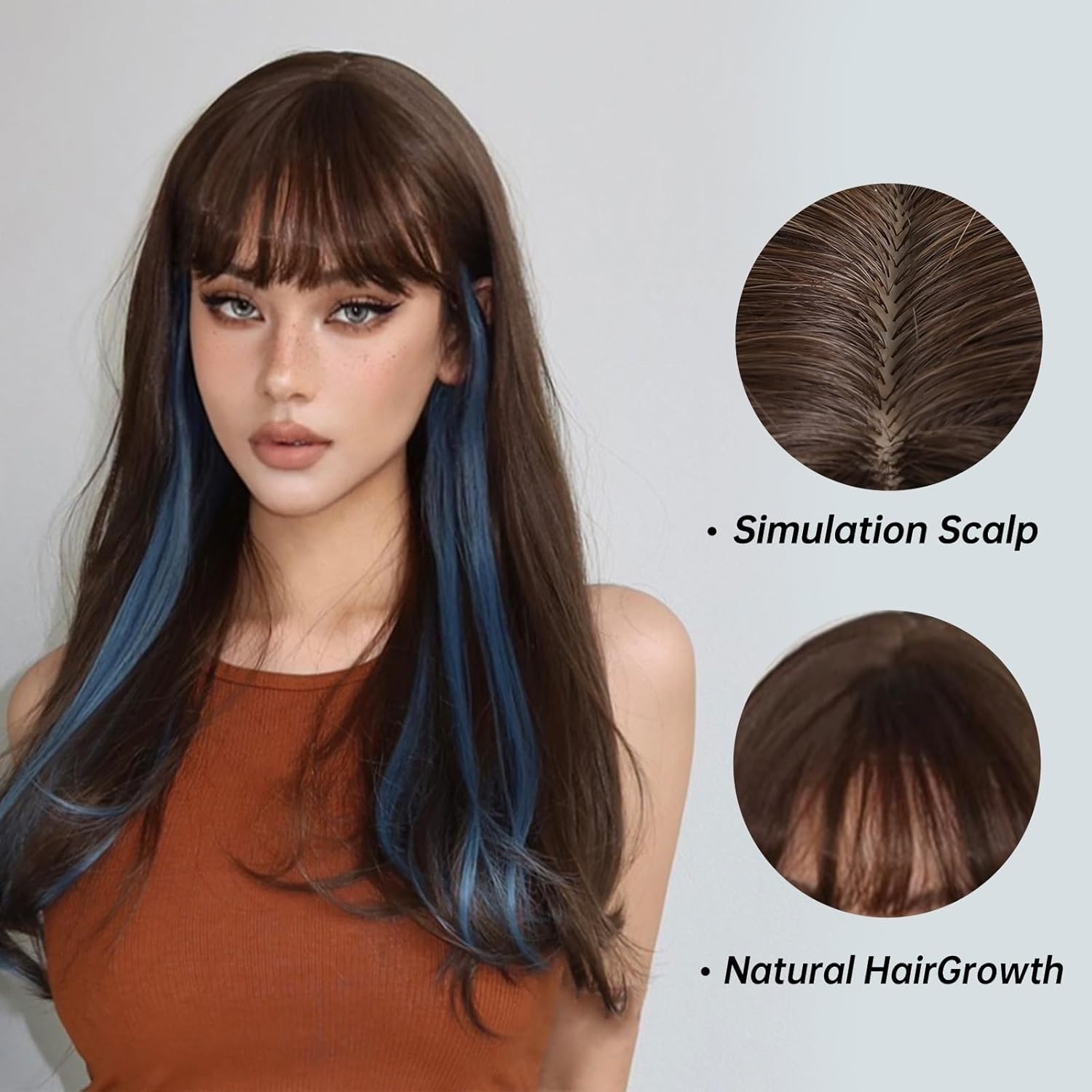 ☆関税込☆ウィッグ ロング ウェーブ コスプレ ハイライト 合成ウィッグ 前髪付き ブラウン ミックス ブルー ナチュラル ウェーブ ヘア ウ☆大人気☆