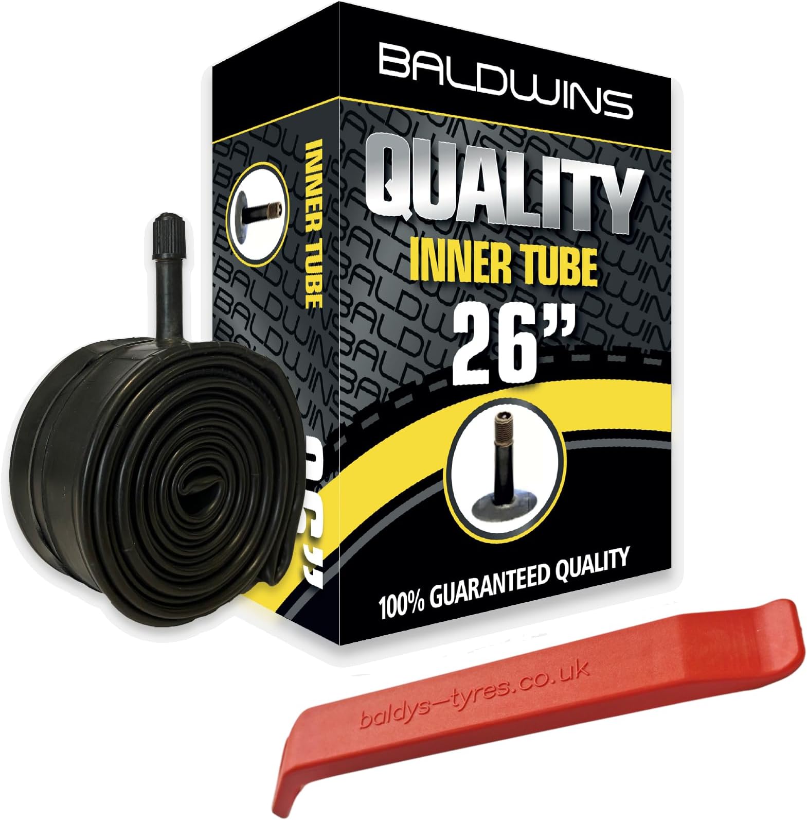 Baldwins Bike Inner Tube 26 x 1.75 to 2.125 Schrader Valve & BALDY'S TYRE LEVER
