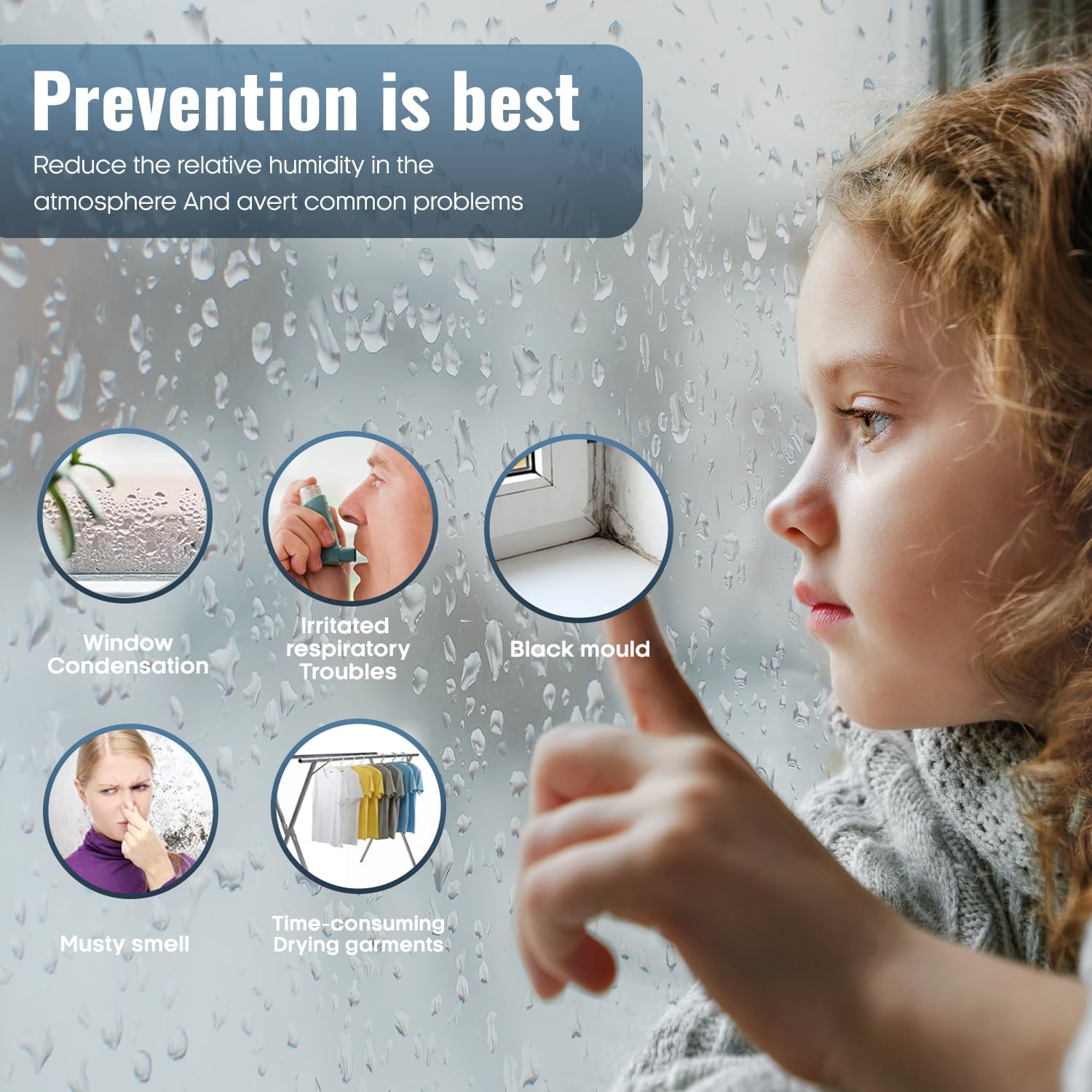Child looking at a window with condensation, illustrating common humidity problems