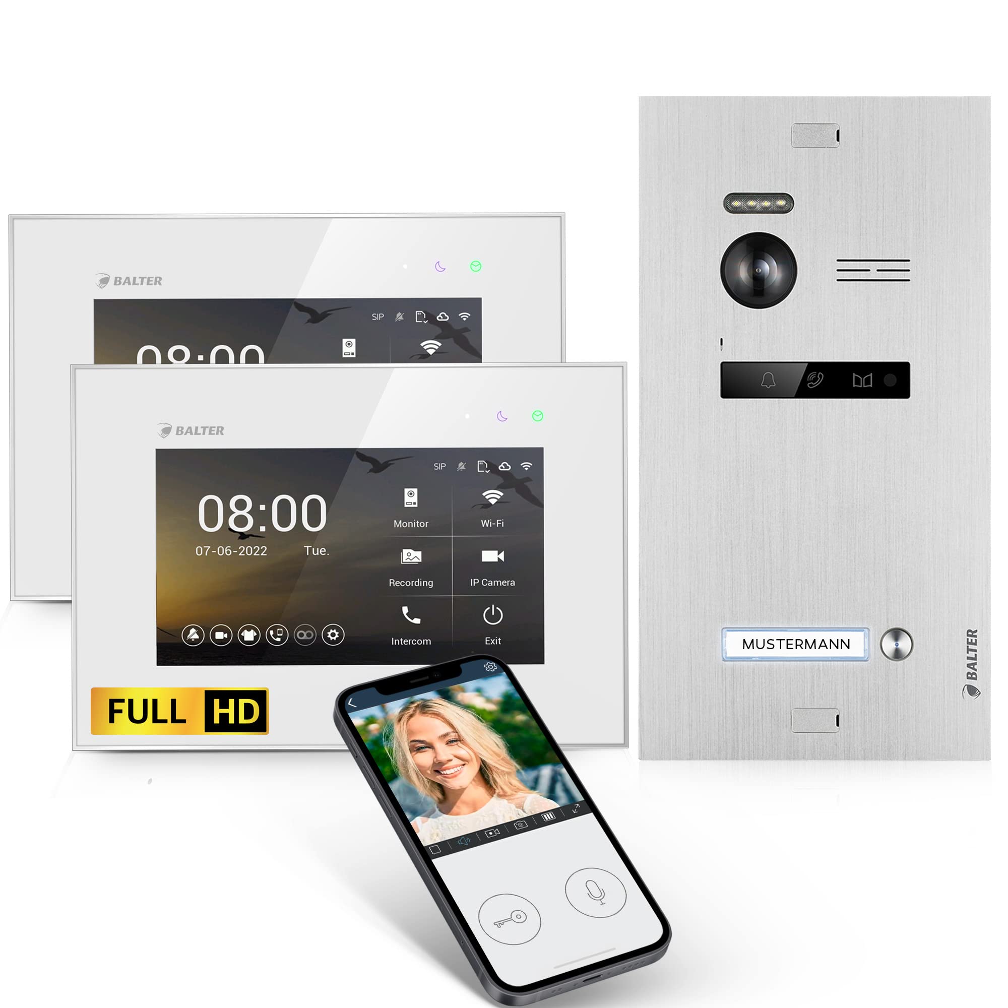 Balter EVO-HD Video Türsprechanlage, Video Türklingel, Smartphone App, 1 Familienhaus Klingel, 2X 7 Zoll HD-Monitore, Full HD-Kamera, 2 Draht Bus, Gegensprechanlage mit 175° Weitwinkel