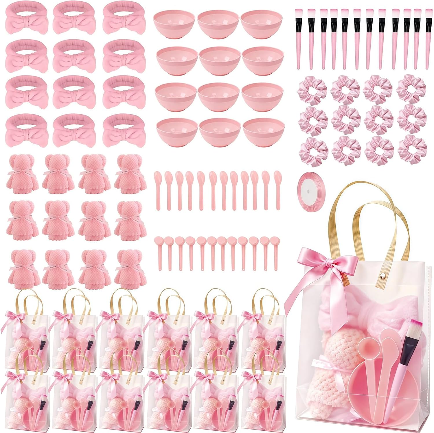97 Pcs Spa Party Favors Sleepover Party Supplies Include Bow Headband Scrunchies Gift Bag Face Mask Mixing Bowl Set Face Wash Cloths for Spa Sleepover Birthday Party Women Bridesmaid Return Gifts