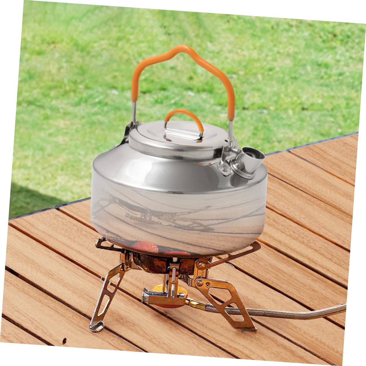 BRIGHTFUFU Stainless Steel Whistling Kettle Portable Outdoor Teapot for Camping Boiling Water and Making Tea Ergonomic Handle Elegant Silver Design for Travel