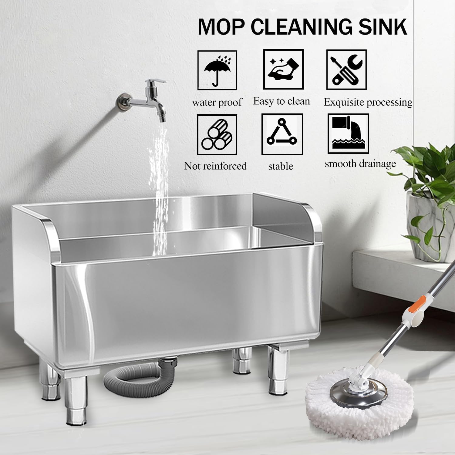 Stainless Steel Floor Mop Basin - Mounted Sink for Commercial Use (31.49'16.1'21.6')