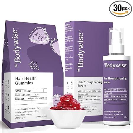 Bodywise Biotin Hair Gummies Pack of 30 and Hair Strengthening Serum 100ml| Reduce Hair fall & Frizz | Nourishes & Strengthens Hair| Paraben & SLS Free
