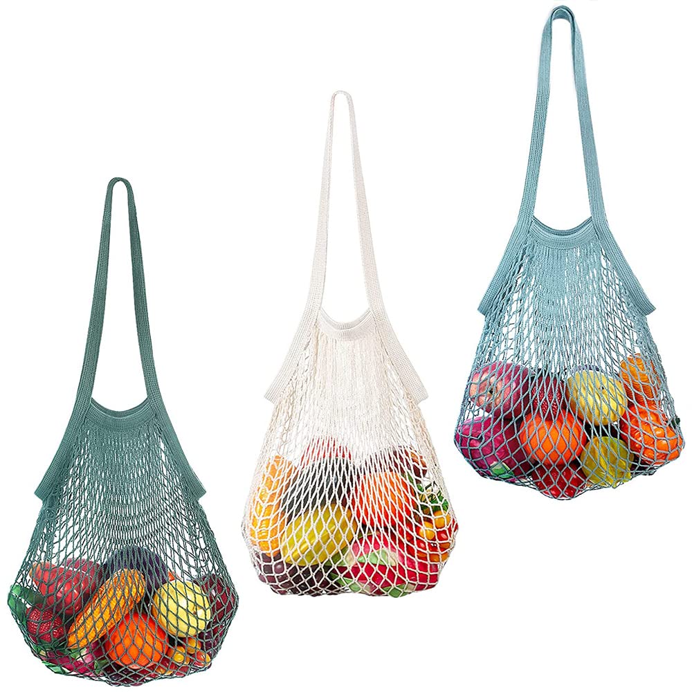 Jesustree Borsa Rete Spesa Cotone, 4 Pezzi Riutilizzabili Sacchetti Net Turtle Borsa con Manico, Portatile Borse per Prodotti Lavabile per Conservare Spesa Mercato Verdura Frutta
