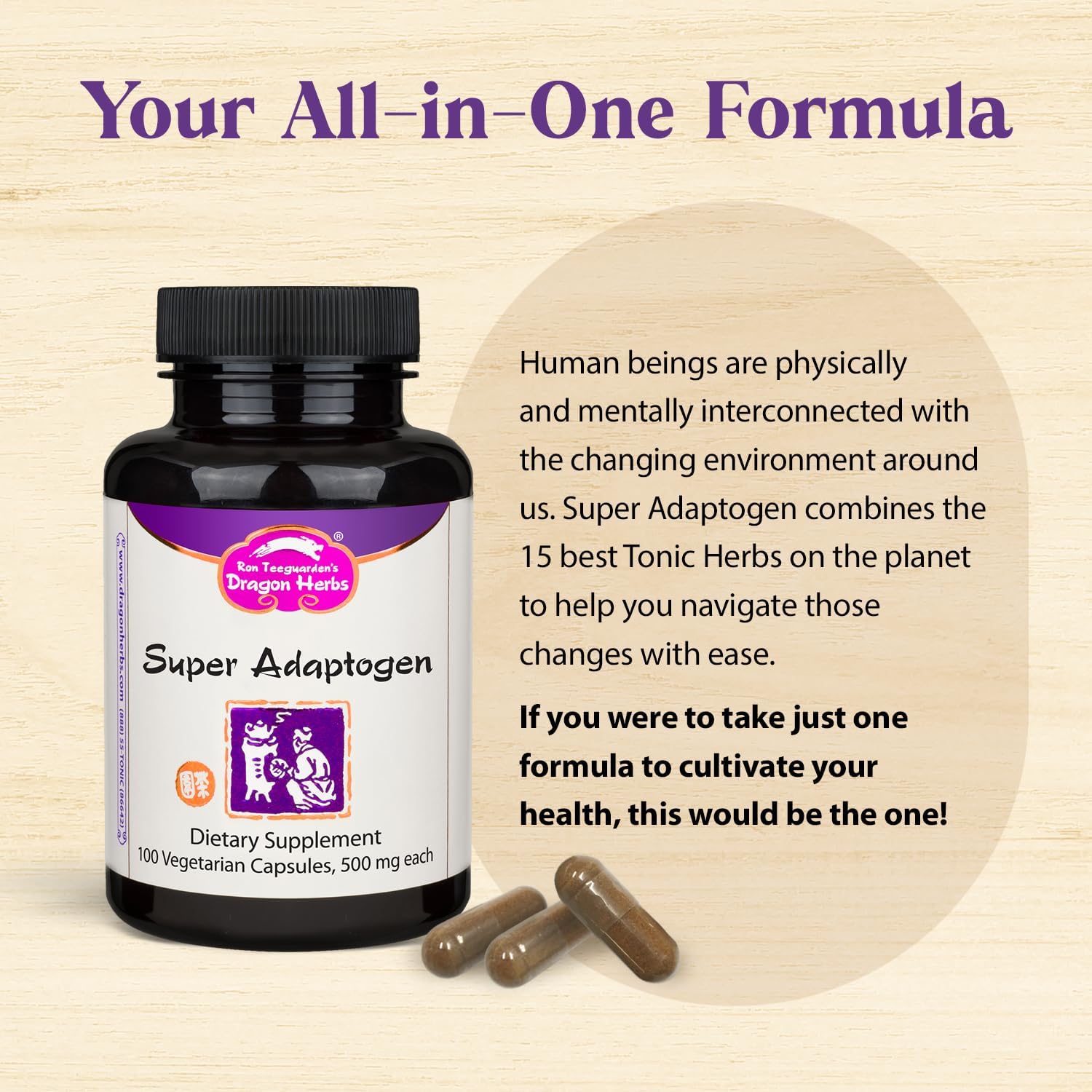 Dragon Herbs Super Adaptogen | All Natural Supplement to Support Well-Being, Mood, Immune Function, Strong Adaptive Response | All Natural Ingredients, Non-GMO (100 Capsules, 500 mg Per Capsule)”
