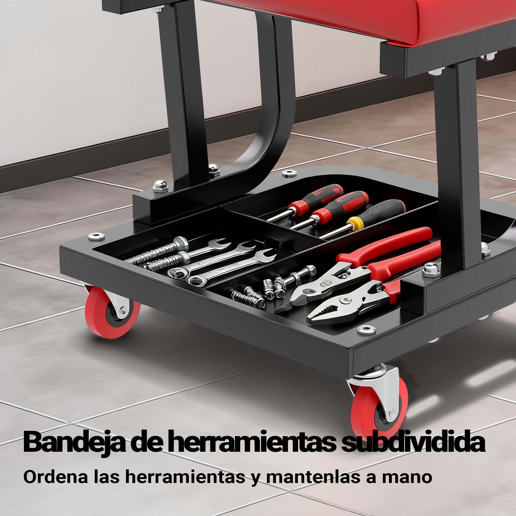 WilTec Asiento Taller Taburete Trabajo Móvil Ruedas Bandeja Porta Herramientas Almacenaje Taller mecánico