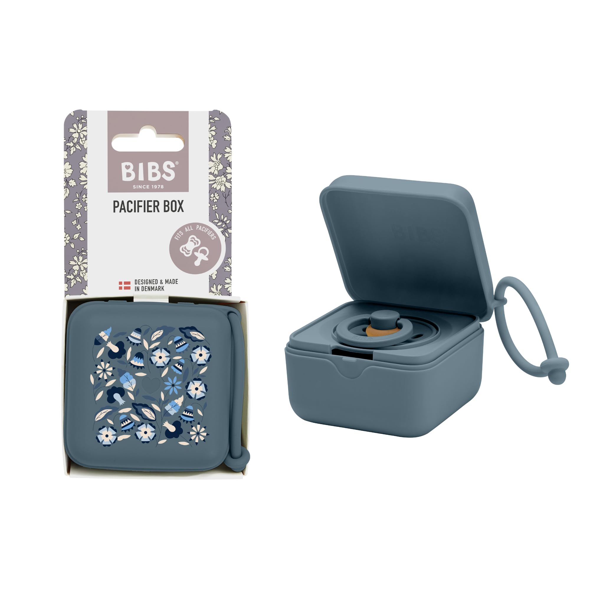 BIBS Liberty Caja con correa para chupete. Broche para chupete y caja esterilizadora. Material de calidad alimentaria libre de BPA 100% - Bobo Petrol