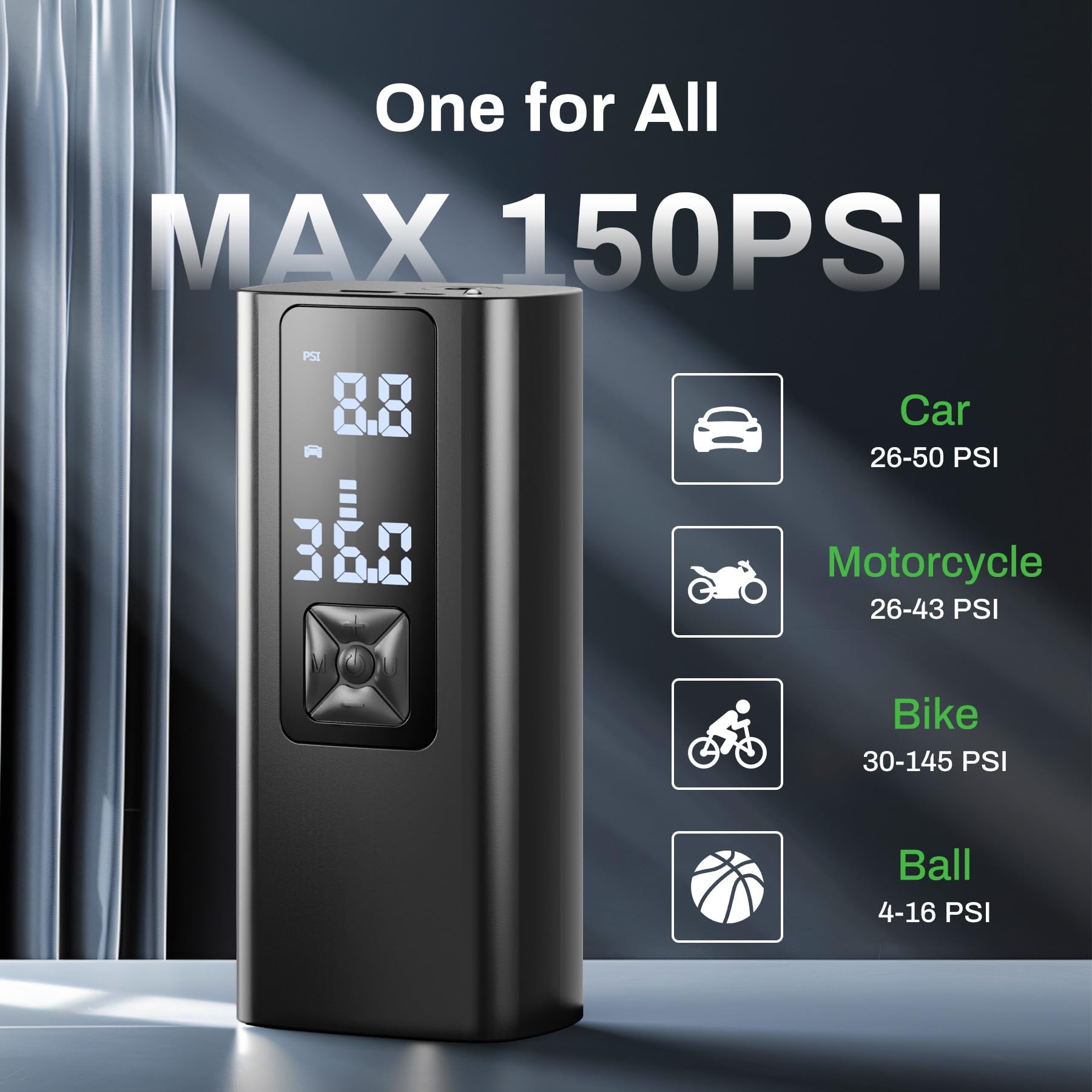 Compressore Aria Portatile AMPBANK AT003 - 150 PSI, Batteria 6000mAh, Con Manometro LED, Per Auto E Bici - Foto 2