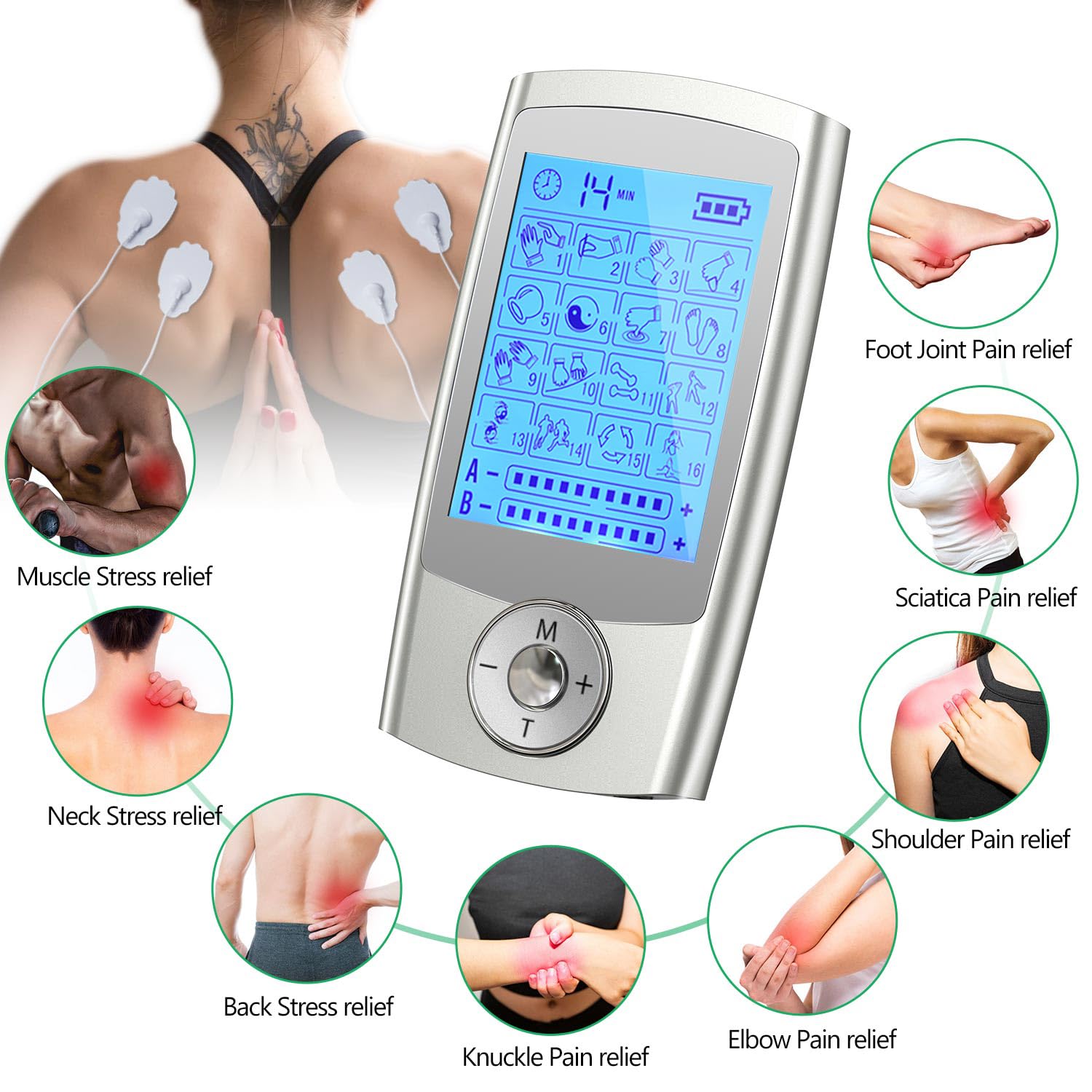 JUMPER TENS Professionale Elettrostimolatore Muscolare, Dispositivo di Terapia Ricaricabile, 16 Modalità di Dolore, 20 Livelli di Intensità per 2 Utenti, TENS per la Riduzione del Dolore (argento)