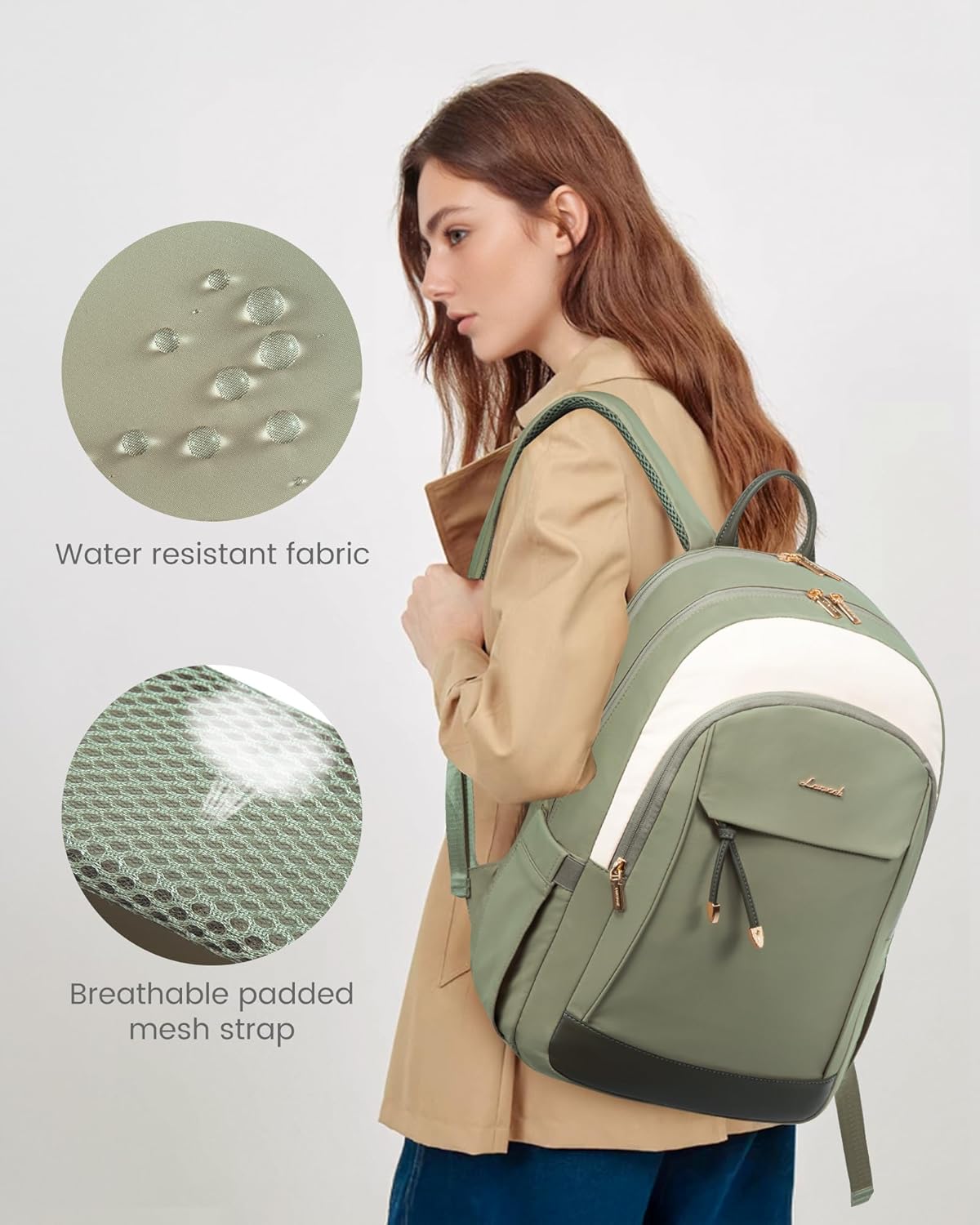 LOVEVOOK Laptop Backpack for Women, 15.6 inch Waterproof College Backpack Woman with Laptop Compartment Computer Bag Travel Backpack Purse, Large Black Computer Daypack for Work Casual, Beige green - Image 5