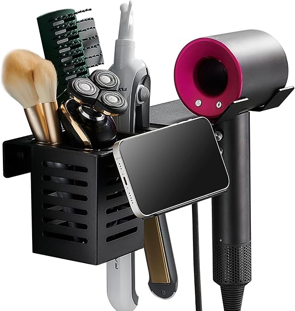 YISUN Wall Mount Hair Dryer Holder, Hair Dryer and Countertop Accessory Organizer with Plug Hook and Storage Box, Multi-functional and Space Saving Organizer for Bathroom, Black