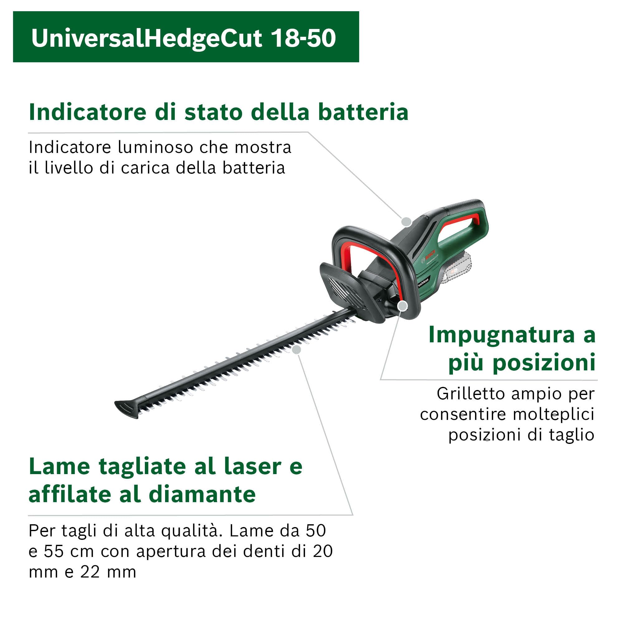 Bosch Home and Garden Tagliasiepi a batteria UniversalHedgeCut 18V-50 (1 da 2,5 Ah, sistema 18 Volt, lunghezza lama 50 cm, in confezione di cartone)