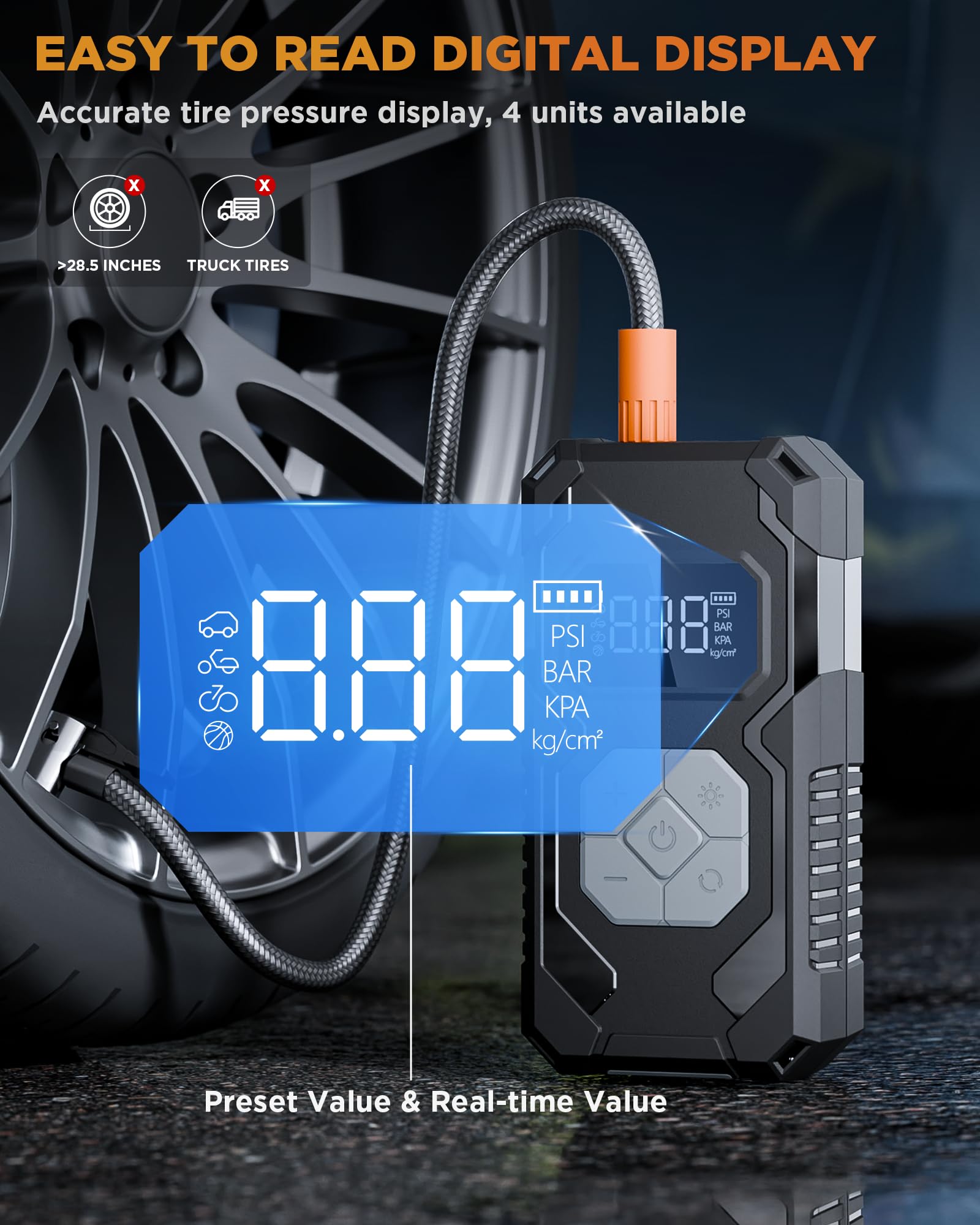 Tire Inflator Compressore Aria Portatile Senza Fili 150PSI, Batteria Ricaricabile con Manometro Digitale, Auto Spegnimento e Luce LED, Gonfiatore Elettrico per Auto, Moto, Bici, Palloni, Grigio