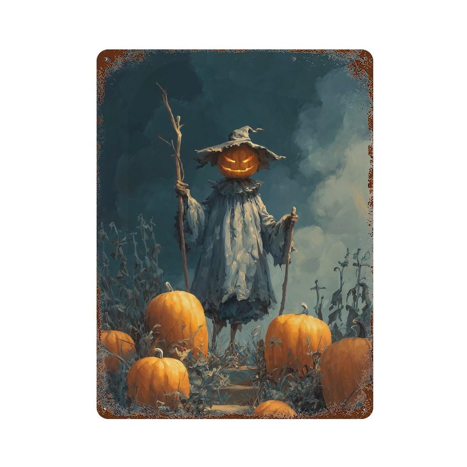 Halloween Pumpkin Scarecrow in A Field 15.7"x11.8" Vintage Rust Metal Sign, Shabby Chic Decor for Garage, Bar And Workshop Decor