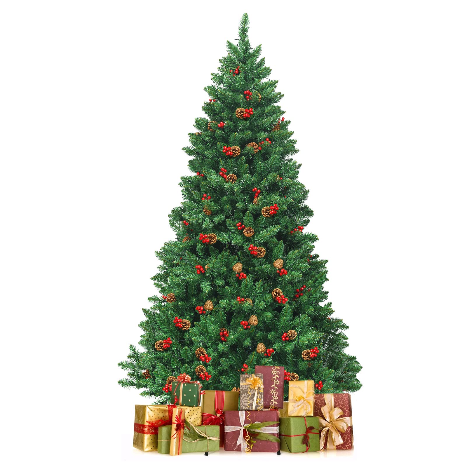 RELAX4LIFE 200 cm Künstlicher Weihnachtsbaum mit Beleuchtung, Tannenbaum mit 450 warmweißen LED-Lichtern & Tannenzapfen & rote Beeren, Schnellaufbau Klappsystem, Christbaum für Zuhause & Büro, Grün