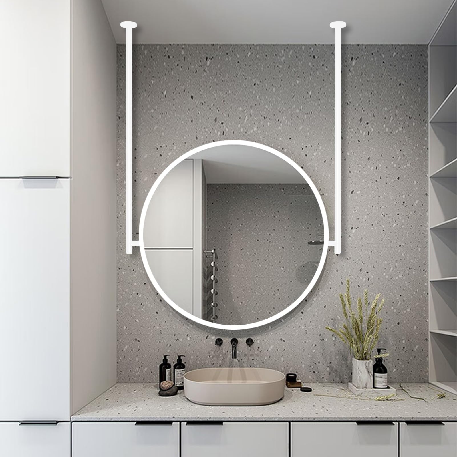 FGXHHS Round White Ceiling Mounted Mirror, Hanging Metal Rod Vertical Mount HD Frame Mirrors, Bathroom Living Room Wall Mirror -Customizable Boom(Diameter-60CM/23.6INCH)