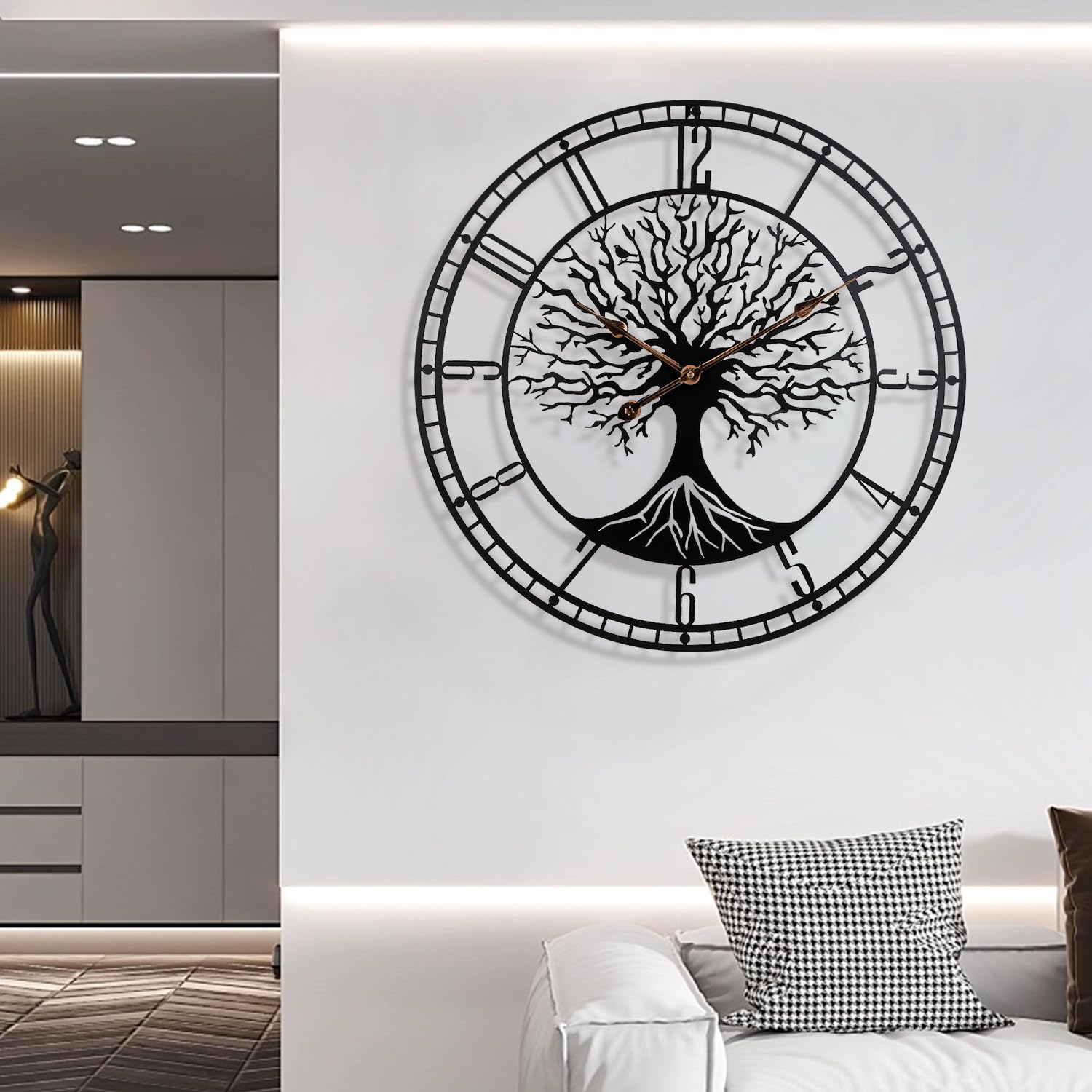 Grande albero della vita Orologio da parete in metallo nero Grande decorazione per la casa soggiorno con numeri silenziosi moderni di mezzo secolo