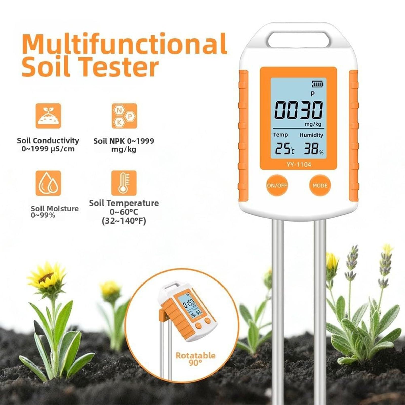 Probador de suelo – Medidor de pH digital 6 en 1 con NPK, humedad, temperatura y pantalla LCD giratoria para jardín, granja y cultivadores