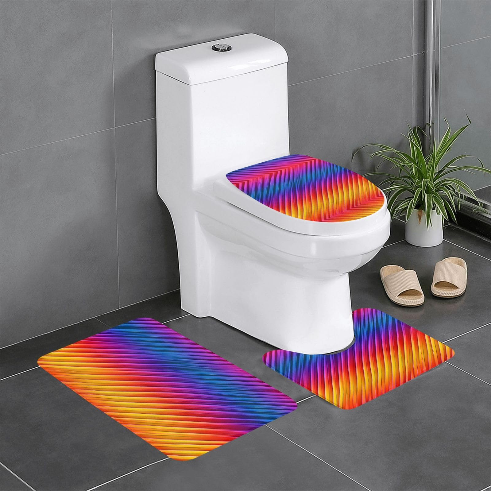 Tapis de salle de bain imprimés à rayures colorées arc-en-ciel anti-froid lot de 3