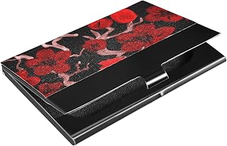 ALAZA Capa de porta-cartões de visita floral com flores vermelhas e flores vermelhas para mulheres homens bonitos em couro PU e metal com clipe