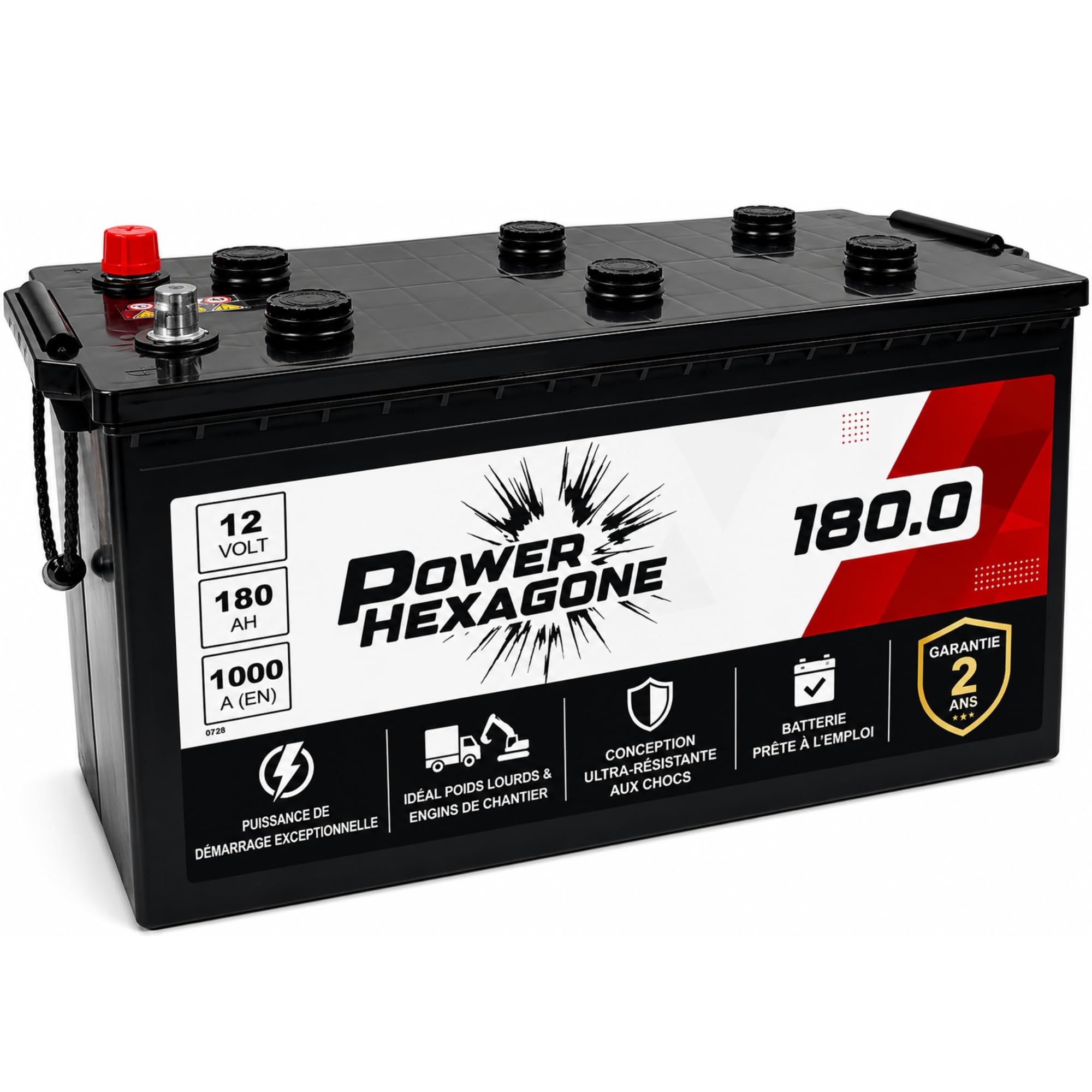 Batterie 12V 180Ah B - Démarrage 1100A - Batterie Poids Lourd Sans Entretien - Format B Compatible Camion, Engin, Tracteur - Remplacement Origine constructeur - Power Hexagone