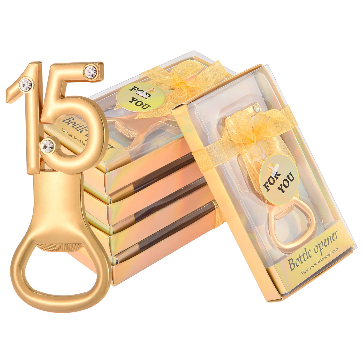 YKLIGTN50 Pieces Gold 15 Bottle Opener Party Favors for 15th Birthday and Wedding Gifts for Guests - Party Decorations and Souvenirs with Gift boxes for Adults