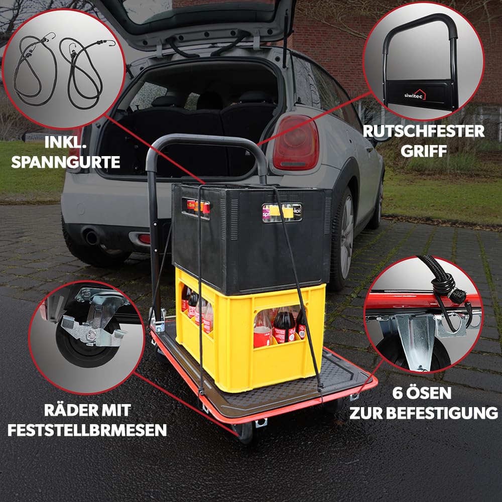 siwitec Plattformwagen, Transportwagen klappbar 150kg, inkl. Spanngurte, Rollwagen, Handwagen, Transportwagen