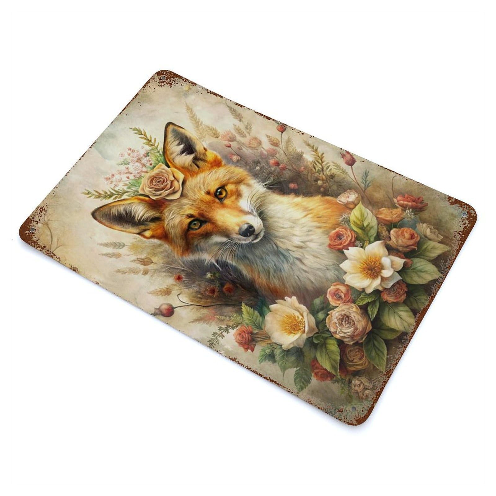 Fox Portrait with Floral Crown 11.8"x7.9" Rusty Metal Tin Sign, Shabby Chic Decor for Bistro, Counter And Cafe Decor