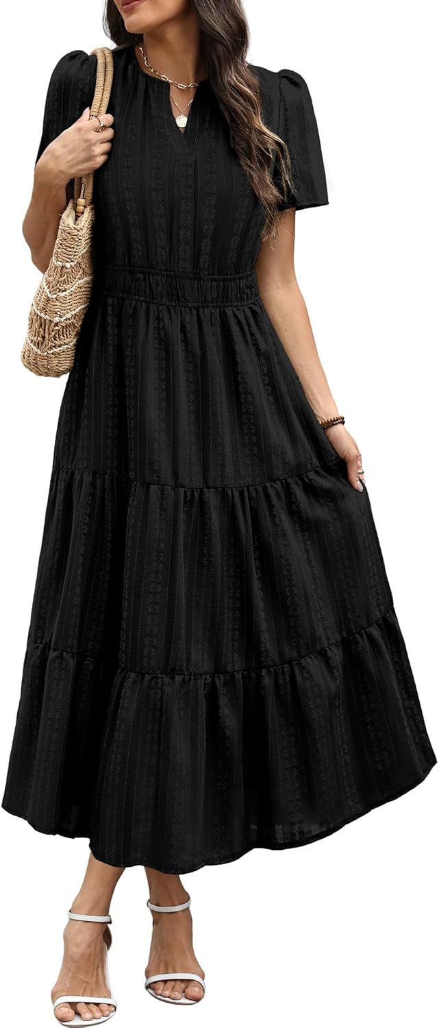 RUMIA Women Casual Midi Maxi Dresses Short Sleeve V Neck Elastic Waist Vacation Dress Pockets（S-2XL