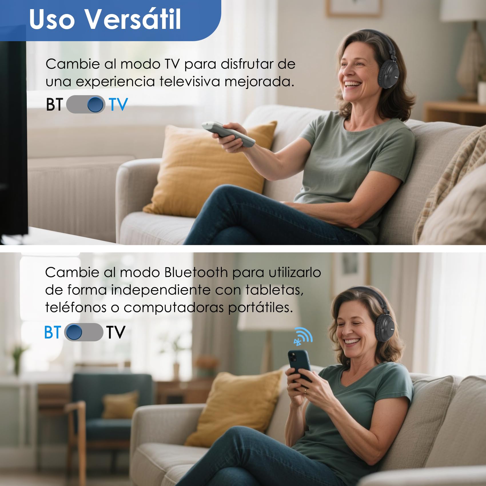 SIMOLIO 737D1 Auriculares Bluetooth TV para Persona Mayore con Voz Clara | Modo TV y BT, Control de Tono, Optico/RCA/AUX, Conexión para Soundbar, Base de Carga, Sin Retardo, Larga Autonomía, 50M