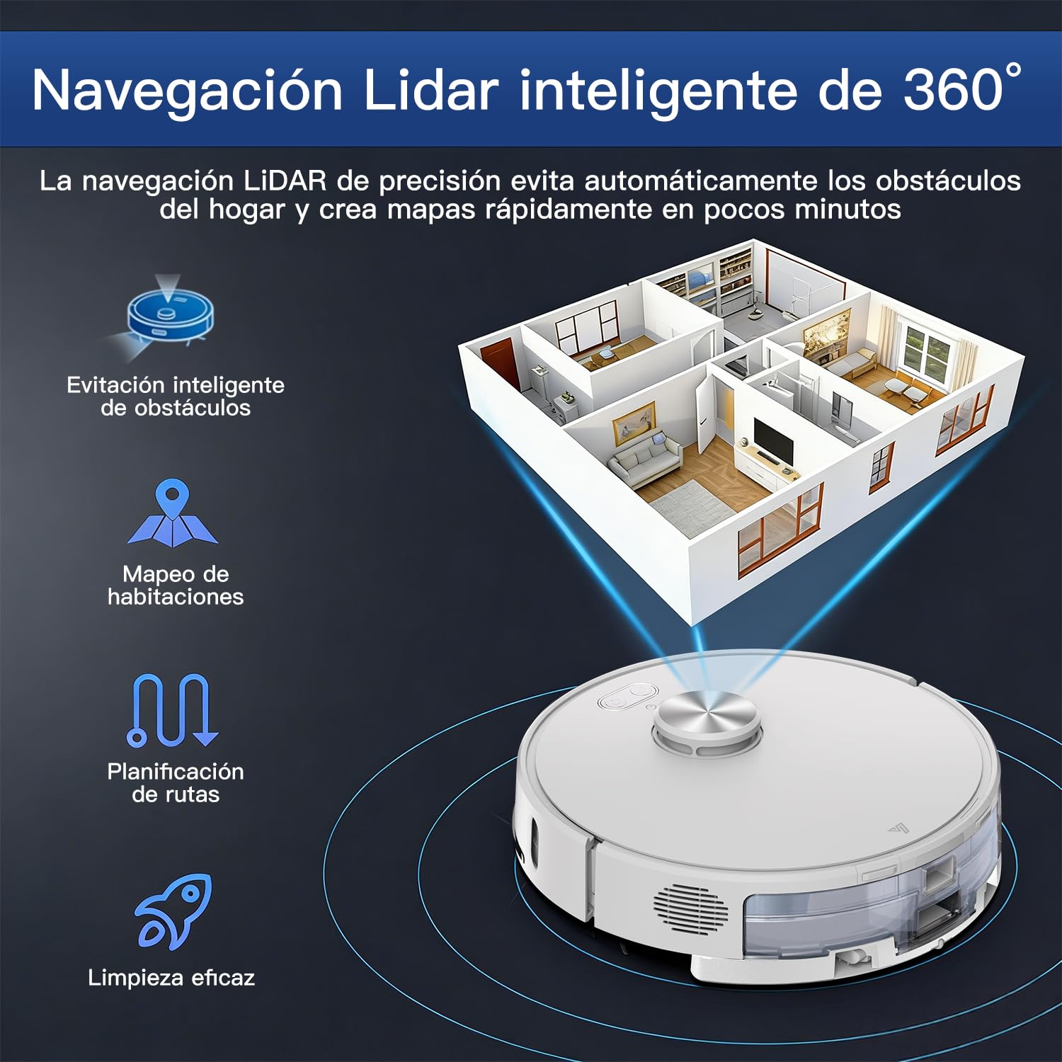 Robot Aspirador y fregasuelos hasta 8000Pa Navegación LiDAR y Mapeo | Potente succión Autovaciado Autonomía de 220 Minutos, Anticolisión, Limpieza Personalizada Control por Voz y App-Blanco