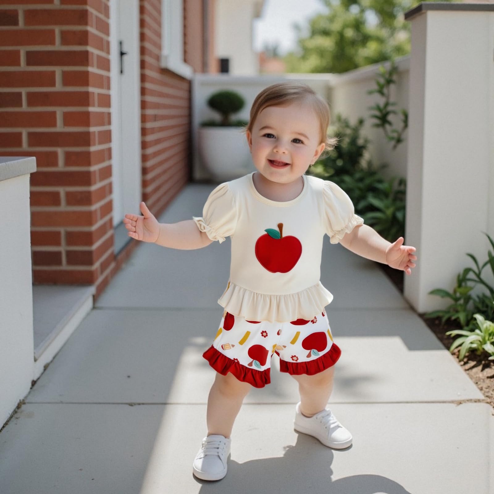 Bonangber Girls Summer Outfits Apple Embroidery First Day of School Shirt Top Ruffled Shorts Set Cute Toddler Girl Summer Clothes(A-Red Apple,5-6T)