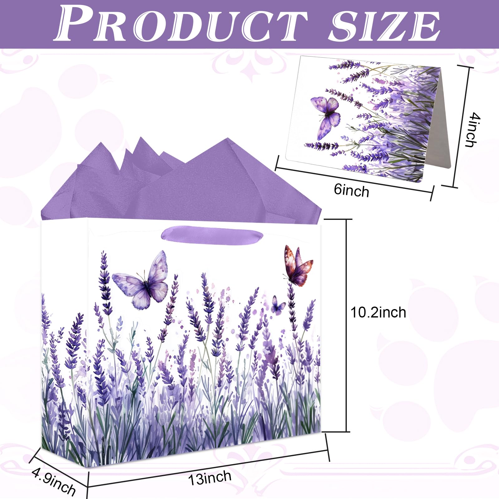 JOCOPUERTO Lavender Birthday Gift Bag - 13" Large Purple Butterfly Gift Bag with Tissue Paper and Card for Women Purple Themed Birthday Party Supplies