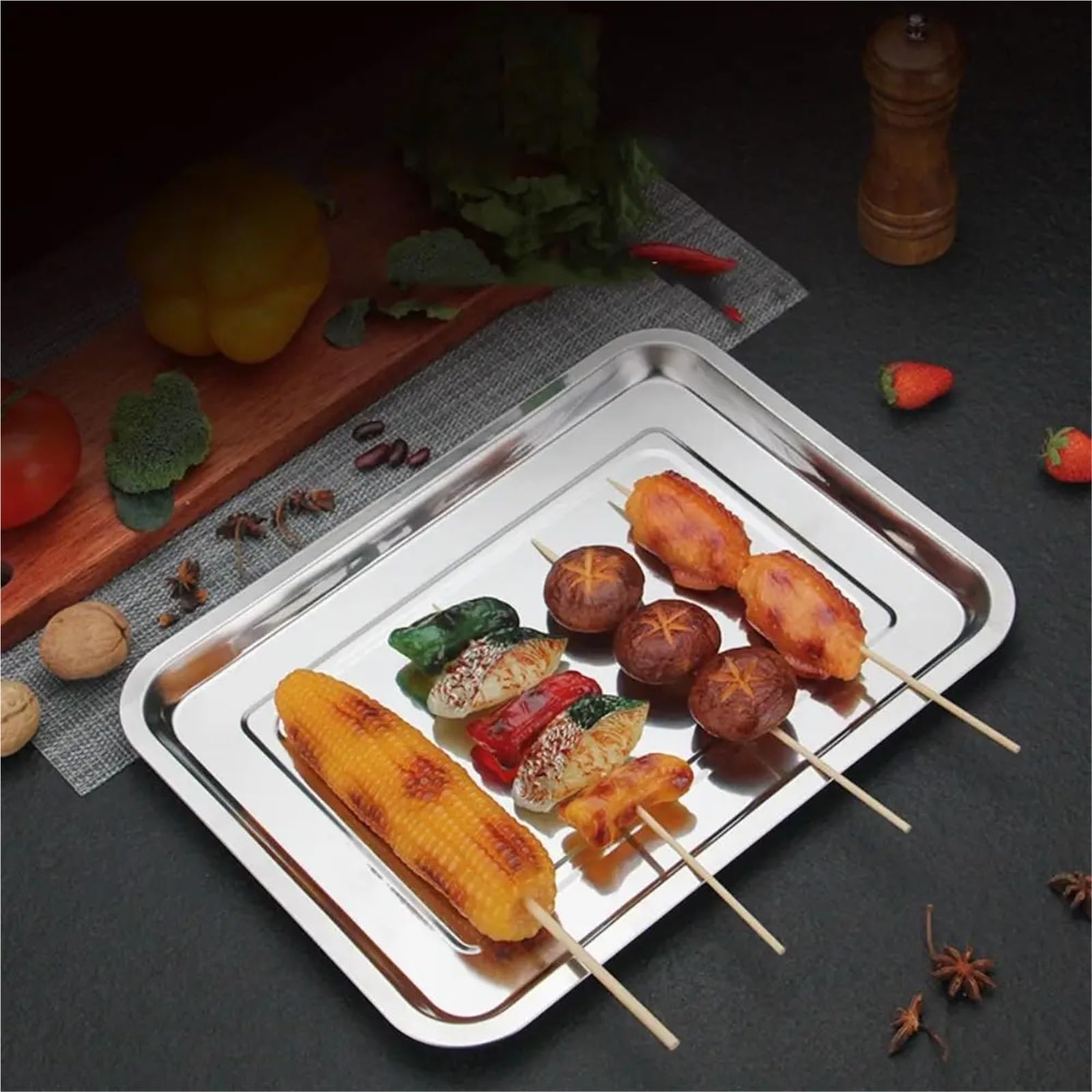 Bandeja Rectangular de Acero Inoxidable Grueso de 3 Piezas, Bandeja Profunda para Servir, Resistente a la deformación, Ideal para Barbacoa (36 x 27 x 2 cm)