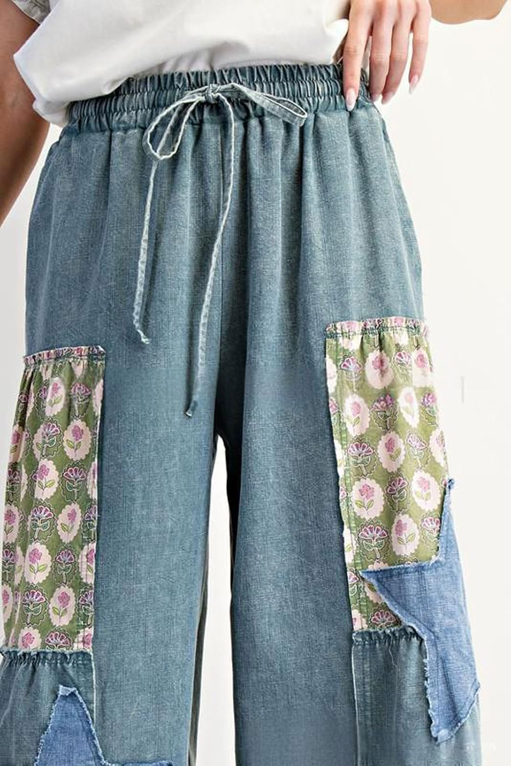 CHARTOU Women Baggy Ruffle Wide Leg Jeans Culotte Elastic High Waist Drawstring Cargo Denim Pants