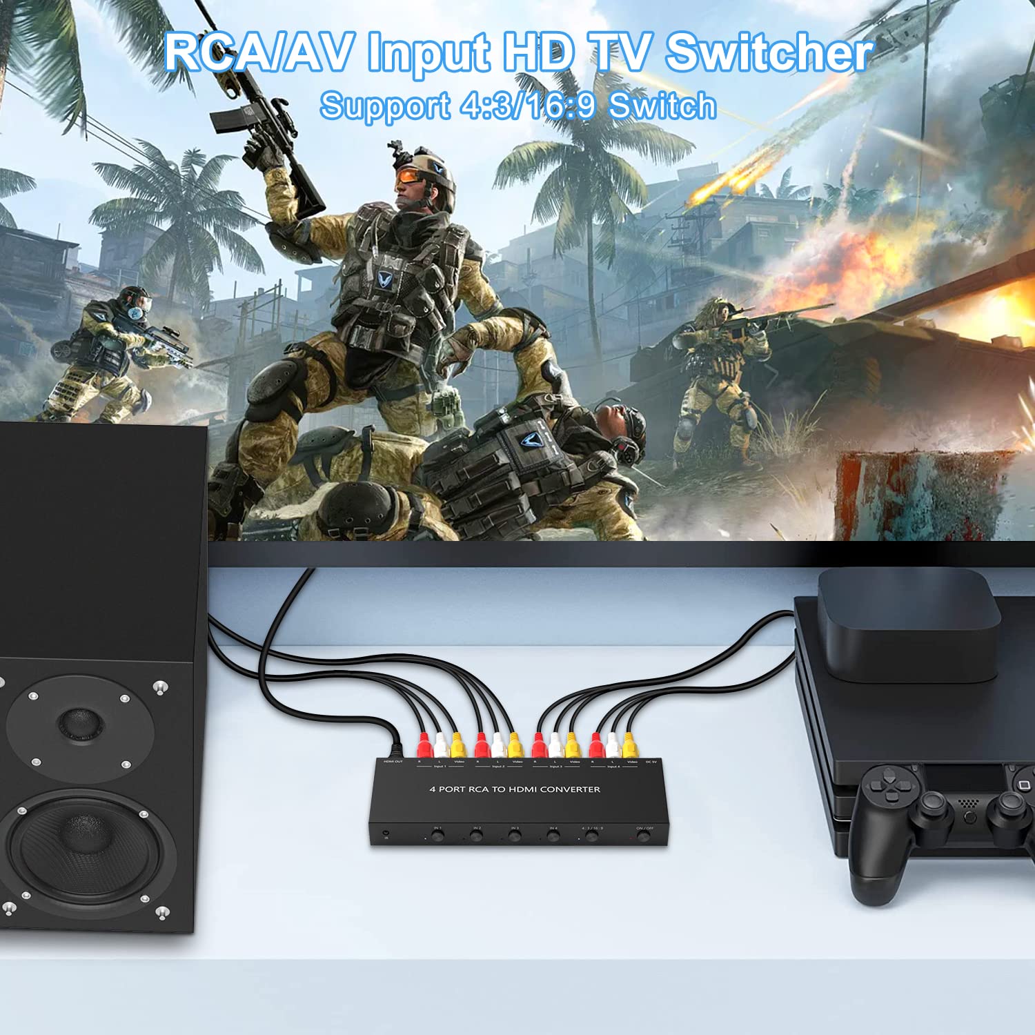 Convertidor AV a HDMI de 4 puertos, adaptador dual RCAto HDMI, adaptador compuesto a HDMI compatible con reproductores WII/N64/PS1/PS2/PS3/VHS/VCR/DVD, etc. (4 AV en 1 salida HDMI)